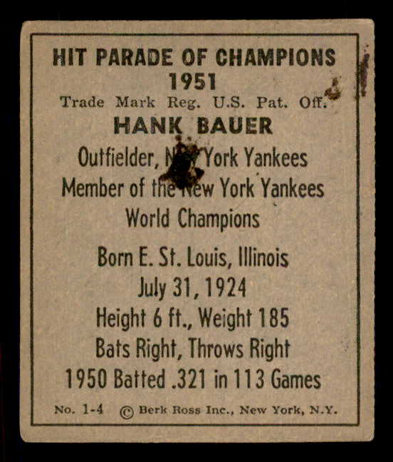 1951 Berk Ross #001-4 Hank Bauer Yankees EX 549342