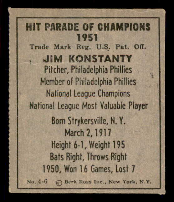 1951 Berk Ross #004-6 Jim Konstanty Phillies EX 549345