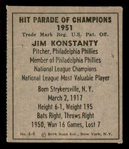 1951 Berk Ross #004-6 Jim Konstanty Phillies EX 549345