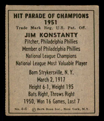 1951 Berk Ross #004-6 Jim Konstanty Phillies EX 549346