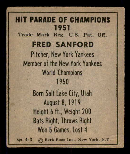 1951 Berk Ross #004-3 Fred Sanford Yankees EX 549349
