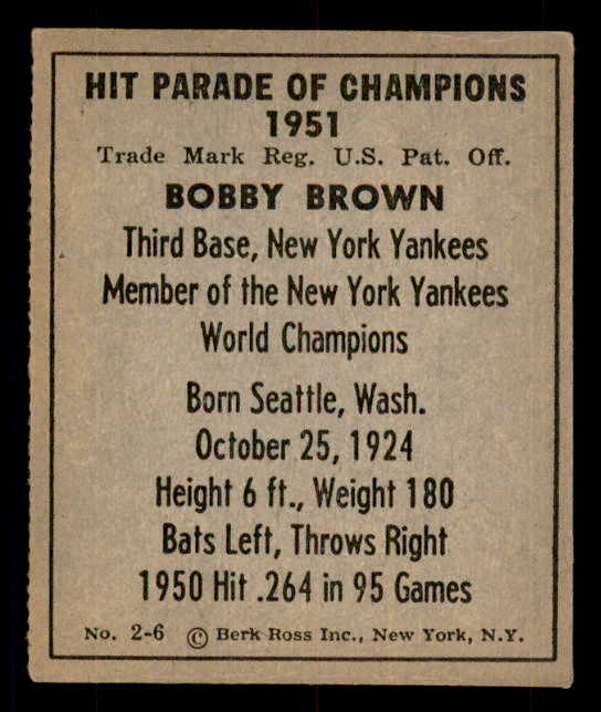 1951 Berk Ross #002-6 Bobby Brown Yankees VG-EX 549350