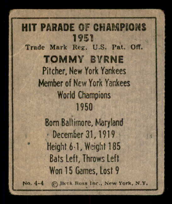 1951 Berk Ross #004-4 Tommy Byrne Yankees VG-EX 549351