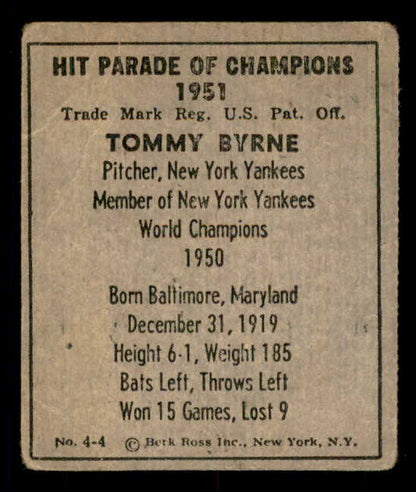 1951 Berk Ross #004-4 Tommy Byrne Yankees VG-EX 549351
