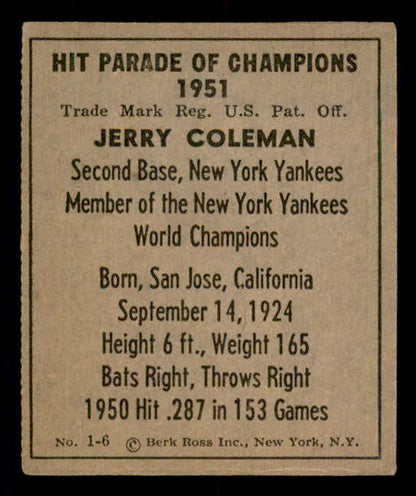 1951 Berk Ross #001-6 Jerry Coleman Yankees VG-EX 549352