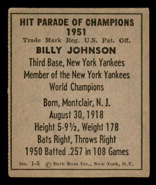 1951 Berk Ross #001-5 Billy Johnson Yankees VG-EX 549353