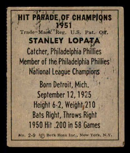 1951 Berk Ross #002-9 Stan Lopata Phillies VG-EX 549354