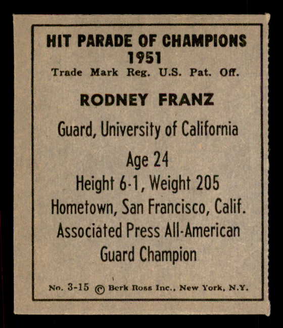 1951 Berk Ross #003-15 Rodney Franz USC NR-MT 549356