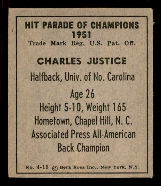 1951 Berk Ross #004-15 Charlie Justice North Carolina VG-EX 549360