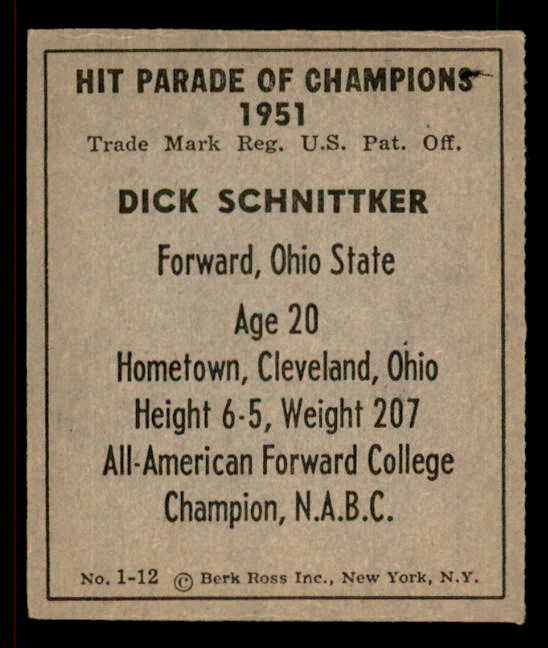 1951 Berk Ross #001-12 Dick Schnittker Ohio State EX 549364