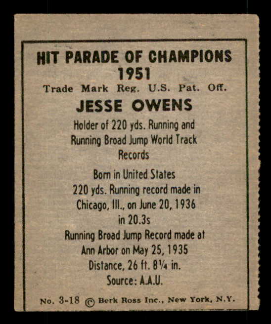 1951 Berk Ross #003-18 Jesse Owens Track VG-EX 549381