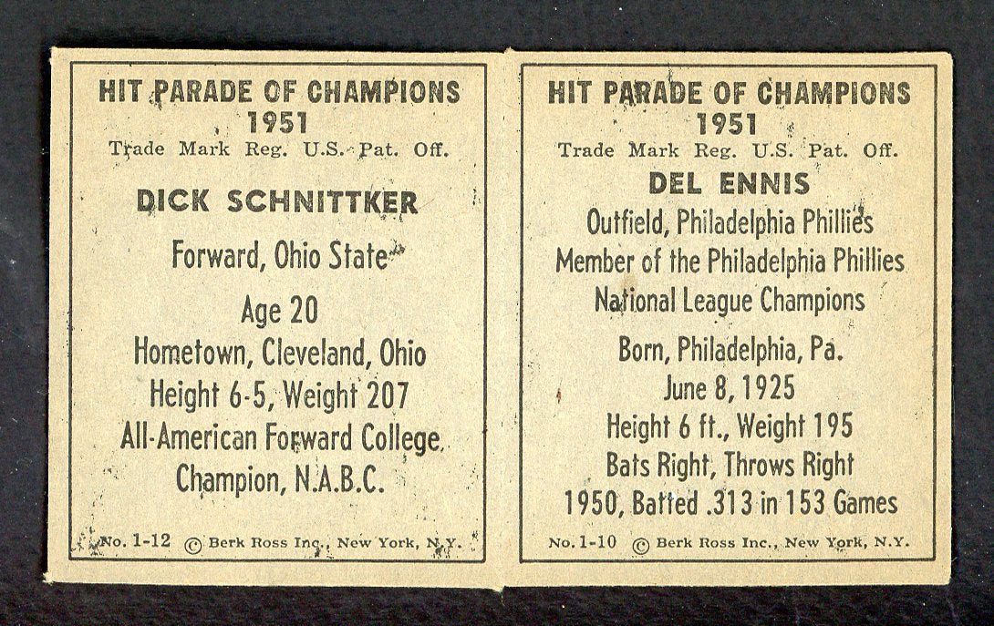 1951 Berk Ross Panel Del Ennis Dick Schnittker NR-MT 549391