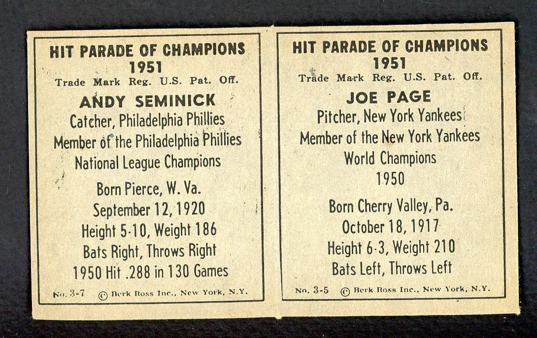 1951 Berk Ross Panel Joe Page Andy Seminick NR-MT 549400