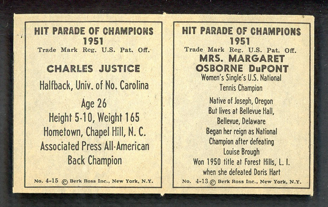 1951 Berk Ross Panel Margaret Dupont Charlie Justice EX-MT 549407