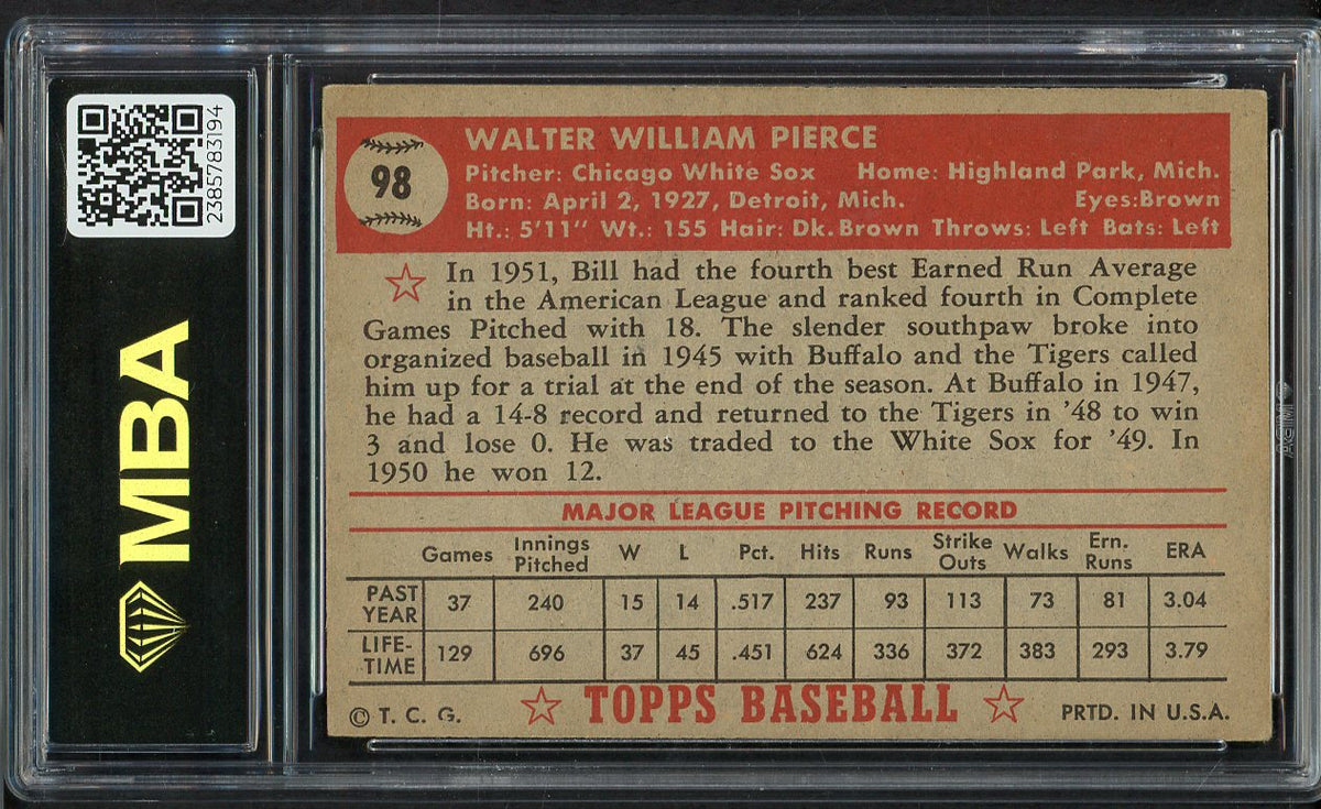 1952 Topps Baseball #098 Billy Pierce White Sox MBA 4 VG-EX 549671