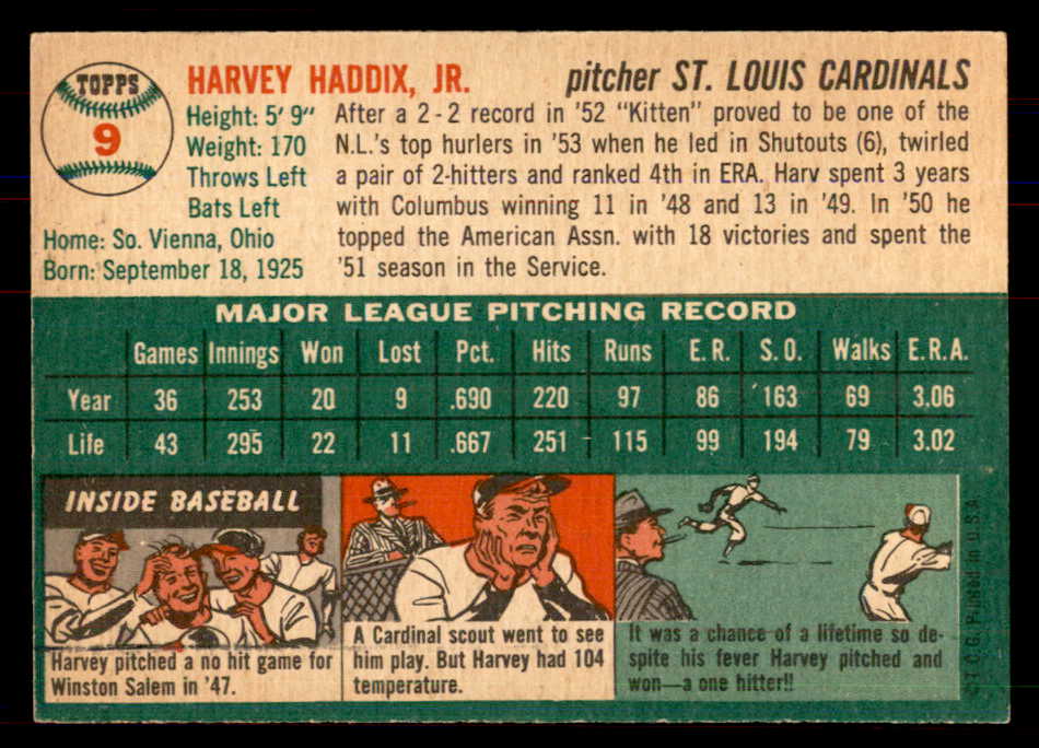 1954 Topps Baseball #009 Harvey Haddix Cardinals NR-MT 549788