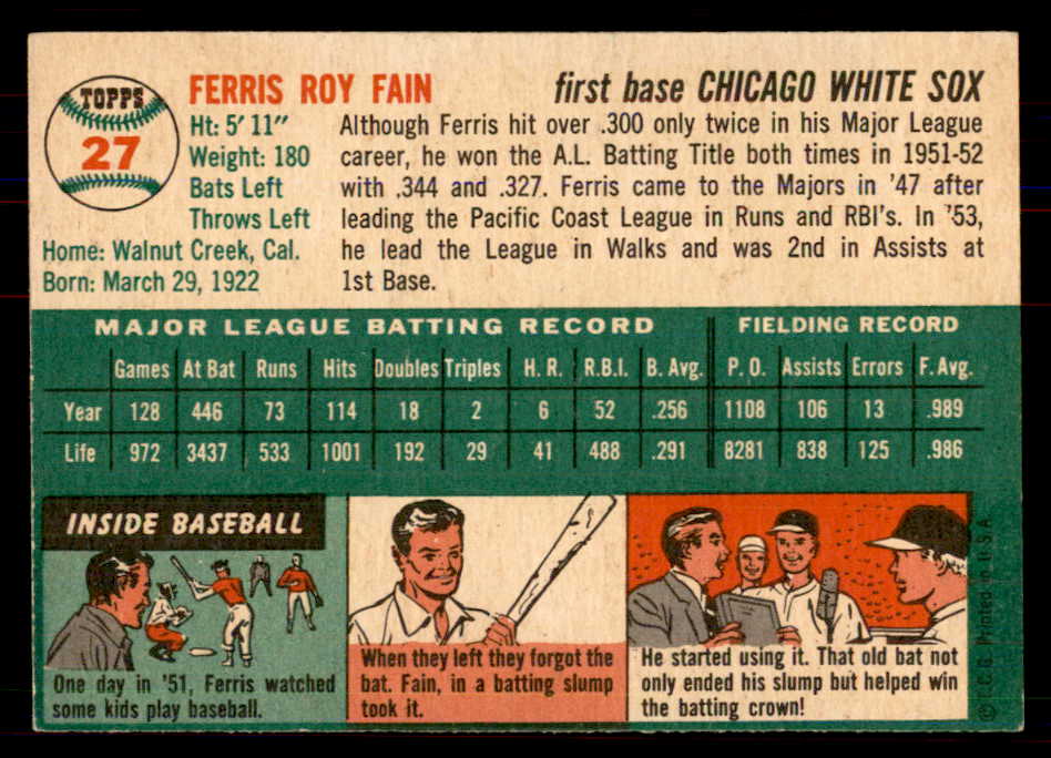1954 Topps Baseball #027 Ferris Fain White Sox NR-MT 549791