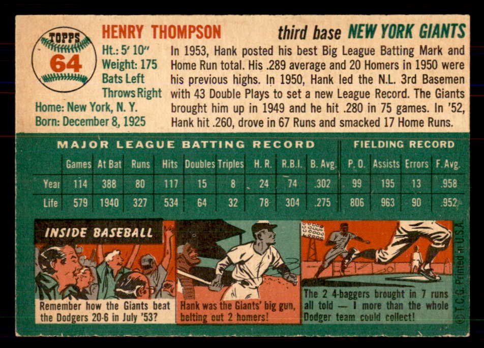 1954 Topps Baseball #064 Hank Thompson Giants NR-MT 549799