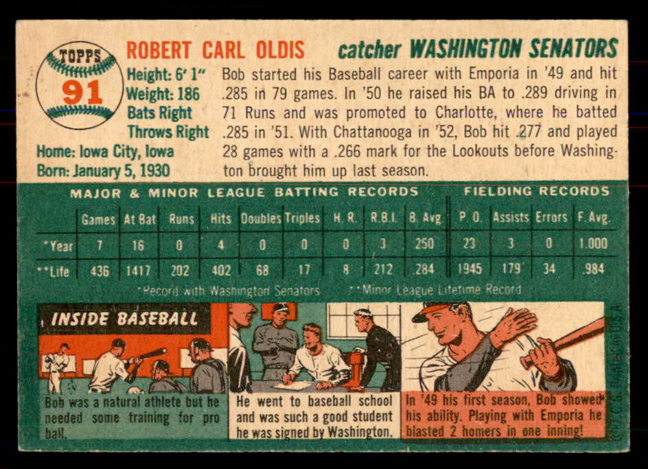 1954 Topps Baseball #091 Bob Oldis Senators NR-MT 549805