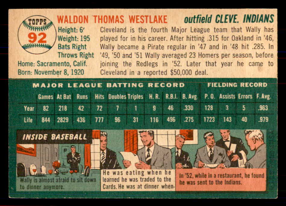 1954 Topps Baseball #092 Wally Westlake Indians NR-MT 549806