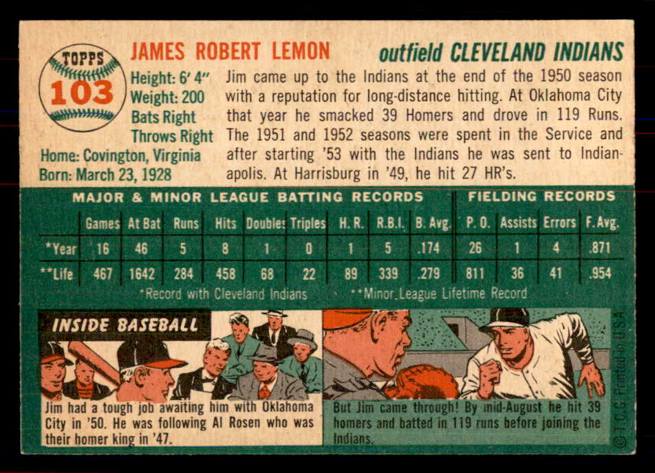1954 Topps Baseball #103 Jim Lemon Indians NR-MT 549807