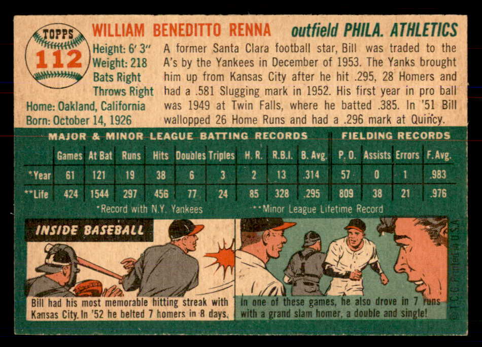 1954 Topps Baseball #112 Bill Renna A's NR-MT 549810