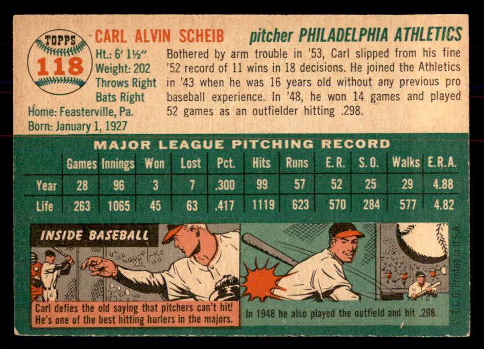 1954 Topps Baseball #118 Carl Scheib A's NR-MT 549811