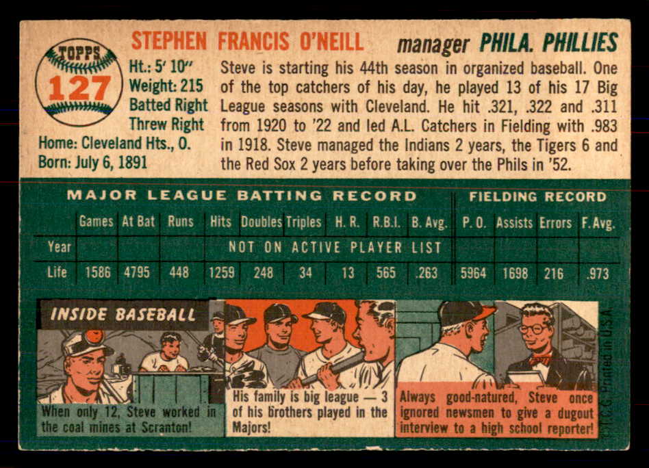 1954 Topps Baseball #127 Steve O'Neill Phillies NR-MT 549813