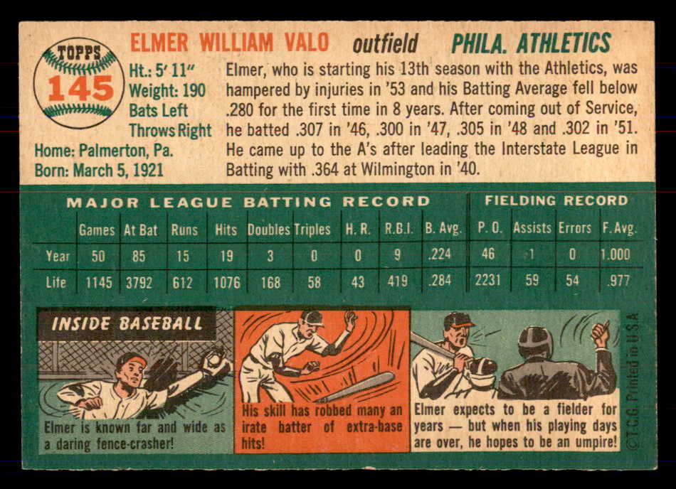 1954 Topps Baseball #145 Elmer Valo A's NR-MT 549818