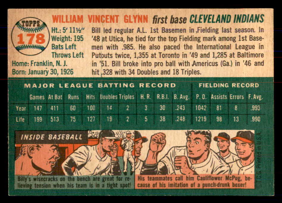 1954 Topps Baseball #178 Bill Glynn Indians NR-MT 549826