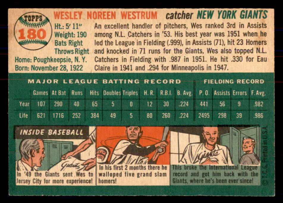 1954 Topps Baseball #180 Wes Westrum Giants NR-MT 549827