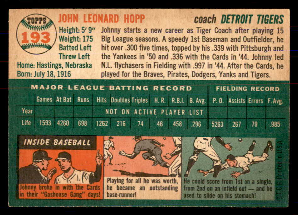 1954 Topps Baseball #193 Johnny Hopp Tigers NR-MT 549833