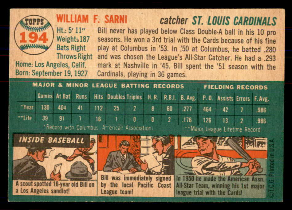 1954 Topps Baseball #194 Bill Sarni Cardinals NR-MT 549834