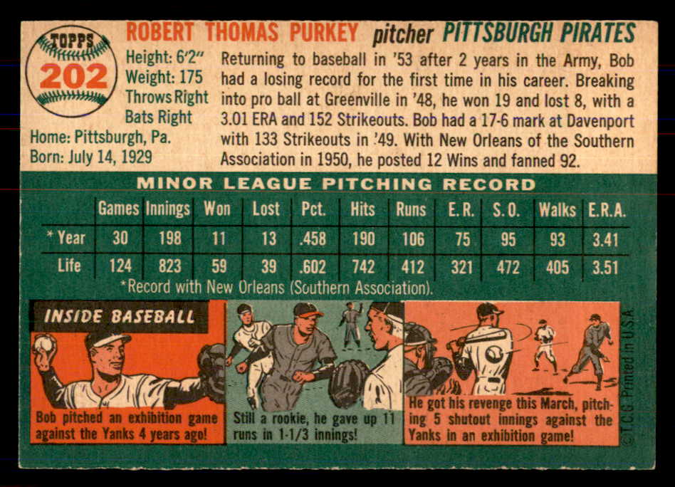 1954 Topps Baseball #202 Bob Purkey Pirates NR-MT 549835