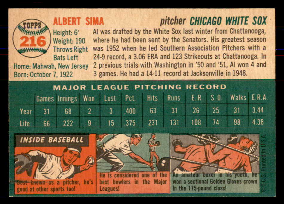 1954 Topps Baseball #216 Al Sima White Sox NR-MT 549839