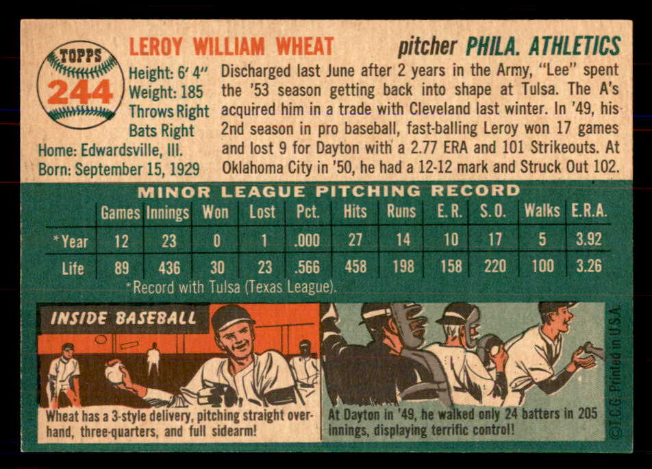 1954 Topps Baseball #244 Leroy Wheat A's NR-MT 549850