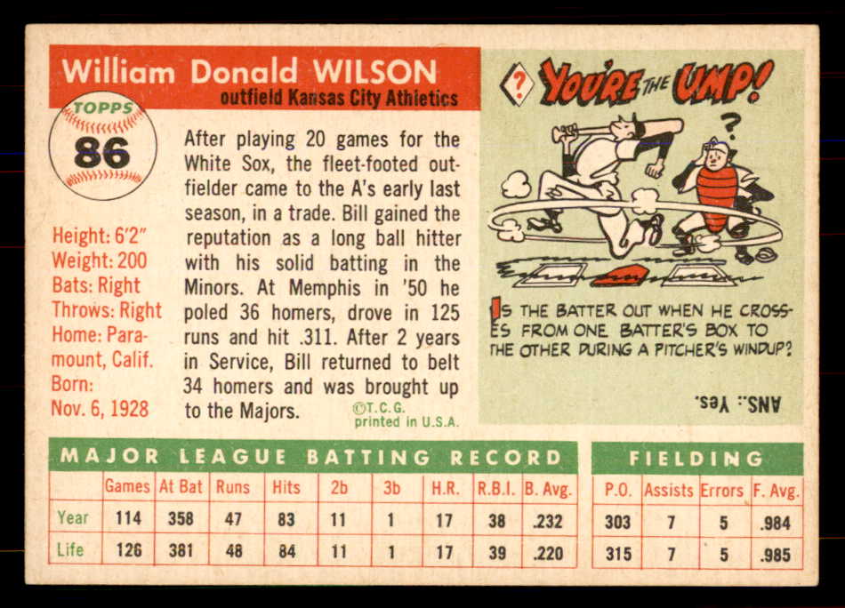1955 Topps Baseball #086 Bill Wilson A's NR-MT 549877
