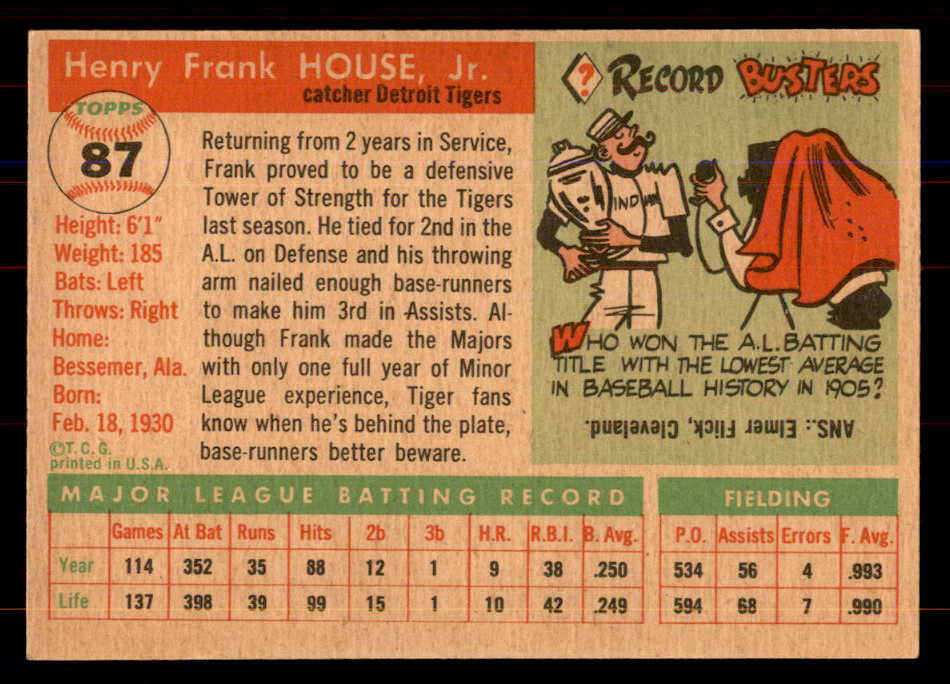 1955 Topps Baseball #087 Frank House Tigers NR-MT 549878