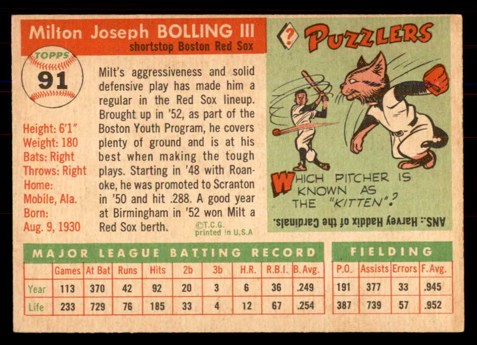 1955 Topps Baseball #091 Milt Bolling Red Sox NR-MT 549880