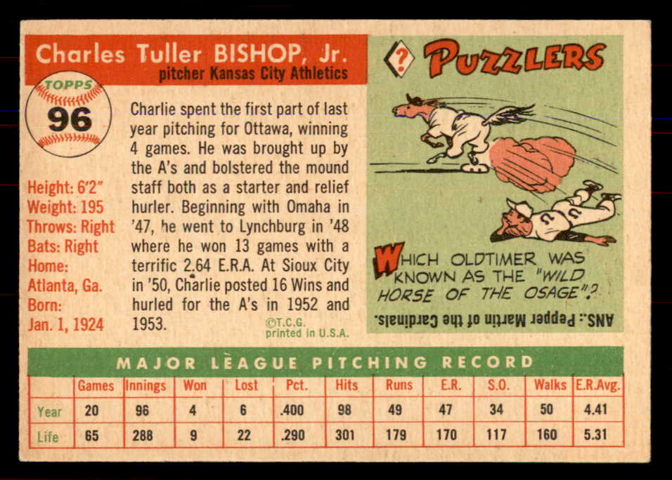 1955 Topps Baseball #096 Charlie Bishop A's NR-MT 549883