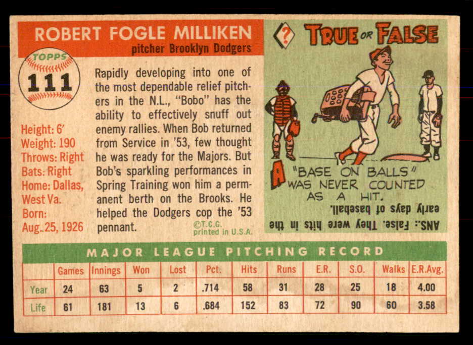 1955 Topps Baseball #111 Bob Milliken Dodgers NR-MT 549888