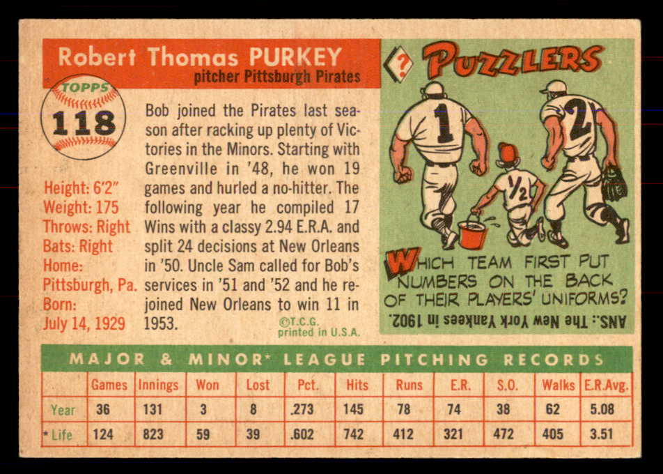 1955 Topps Baseball #118 Bob Purkey Pirates NR-MT 549891