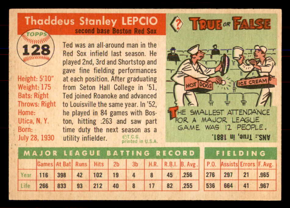 1955 Topps Baseball #128 Ted Lepcio Red Sox NR-MT 549894