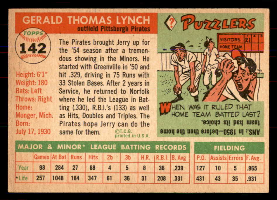 1955 Topps Baseball #142 Jerry Lynch Pirates NR-MT 549900