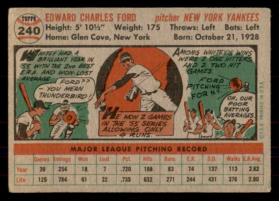 1956 Topps Baseball #240 Whitey Ford Yankees VG 549978