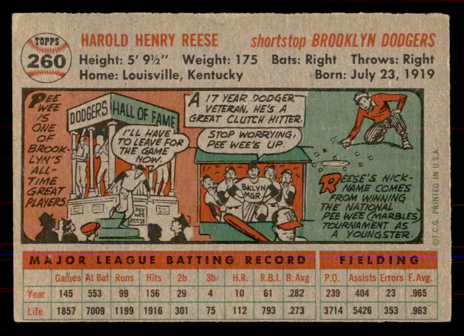 1956 Topps Baseball #260 Pee Wee Reese Dodgers EX 549981
