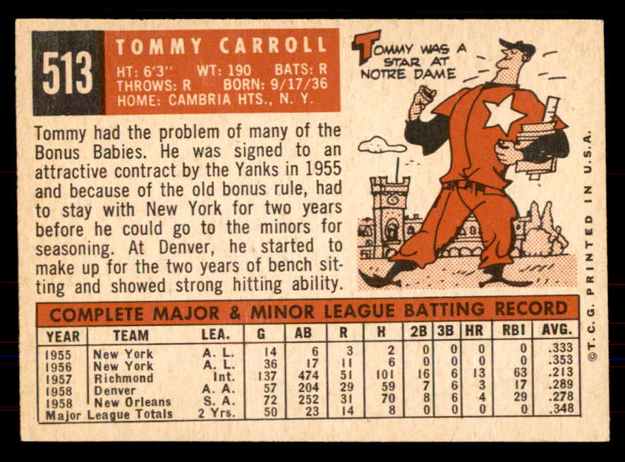 1959 Topps Baseball #513 Tom Carroll A's NR-MT 549984