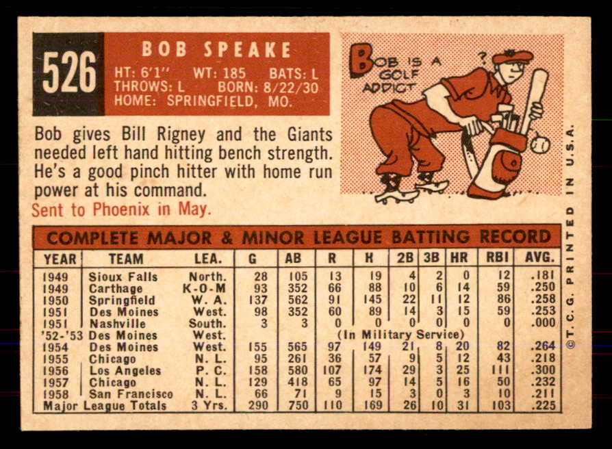 1959 Topps Baseball #526 Bob Speake Giants NR-MT 549988