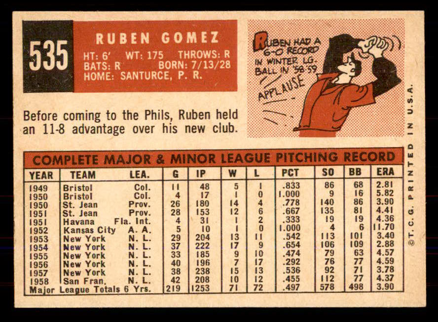1959 Topps Baseball #535 Ruben Gomez Phillies NR-MT 549989