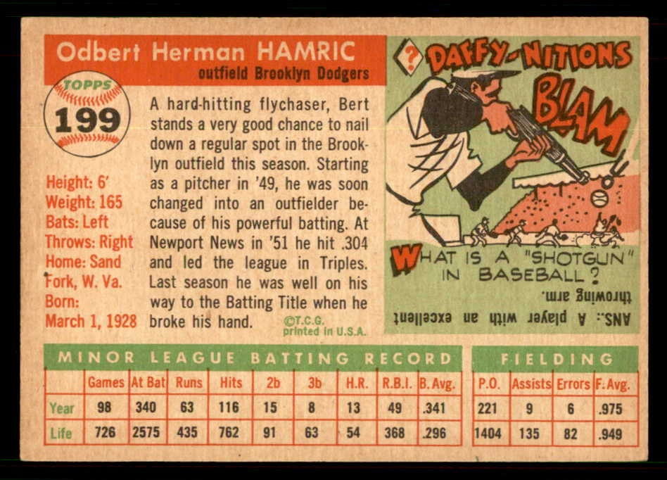 1955 Topps Baseball #199 Bert Hamric Dodgers EX-MT 550086